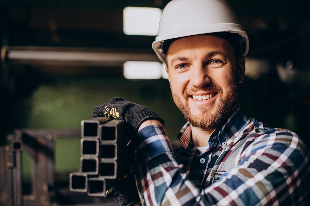 workman wearing hard hat working with metal constructions factory 1303 26641